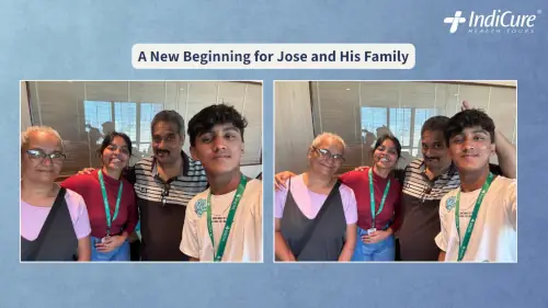 Jose Dias and his family smiling alongside the IndiCure Health Tours team after his successful double knee replacement surgery in India.